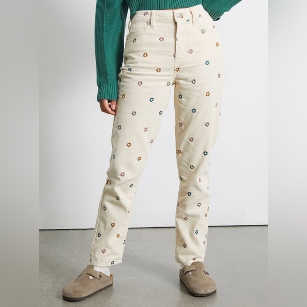 Pacsun Cream with Flower Embroidered Corduroy Mom Jeans Size 24